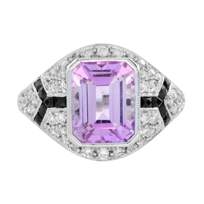 Octagon Pink Kunzite &amp; Diamond Pave Set Onyx Art Deco Style White Gold Ring