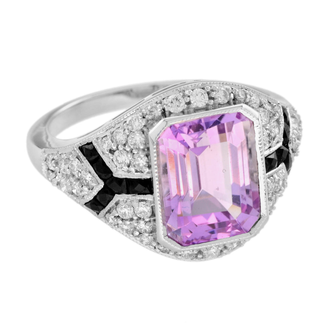 Octagon Pink Kunzite &amp; Diamond Pave Set Onyx Art Deco Style White Gold Ring
