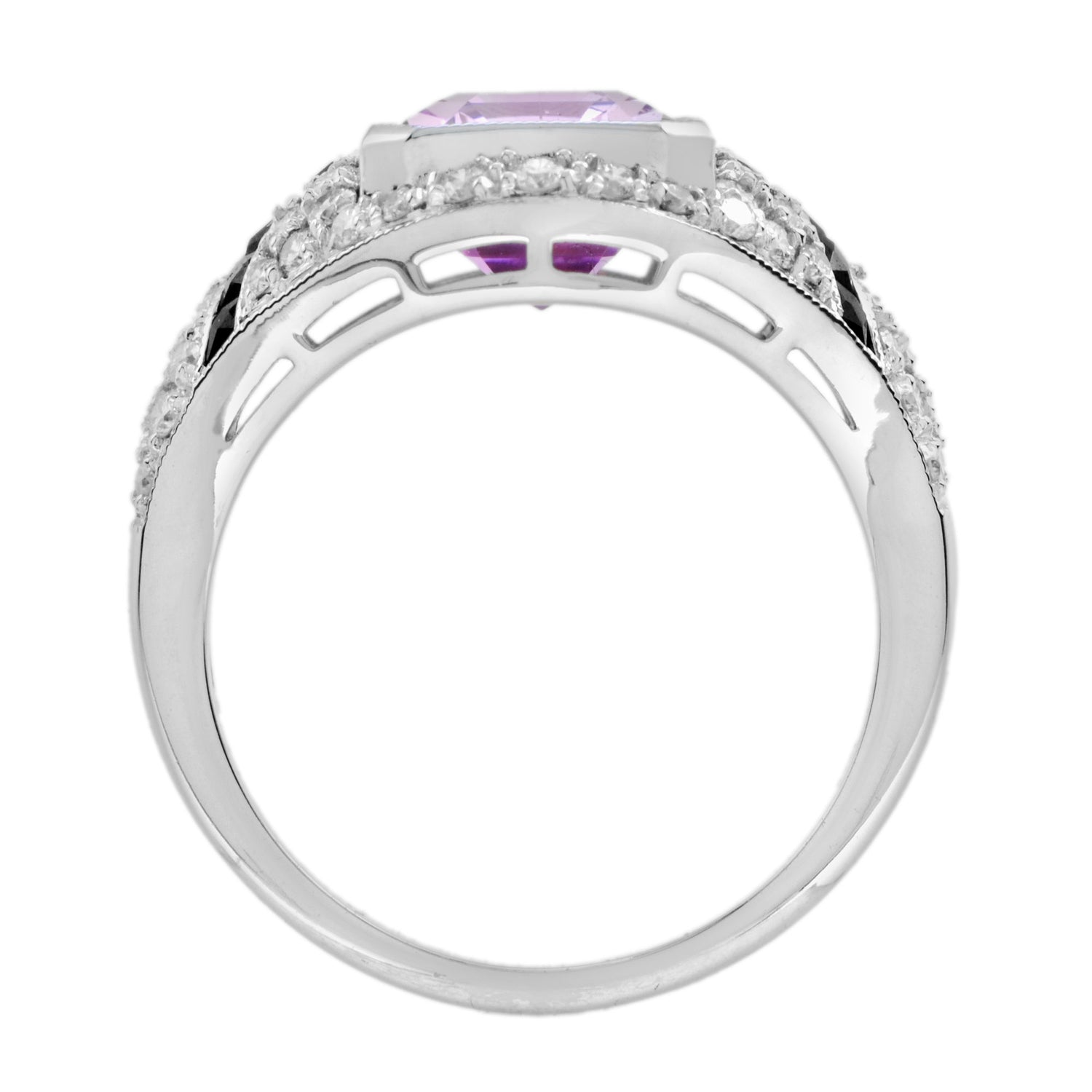 Octagon Pink Kunzite &amp; Diamond Pave Set Onyx Art Deco Style White Gold Ring
