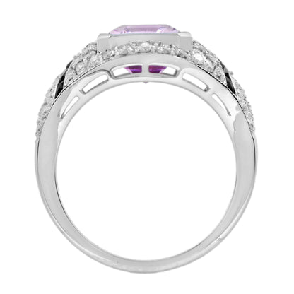 Octagon Pink Kunzite &amp; Diamond Pave Set Onyx Art Deco Style White Gold Ring