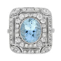 Blue Oval Shape Aquamarine & Diamond Art Deco Style Cocktail 14K White Gold Ring