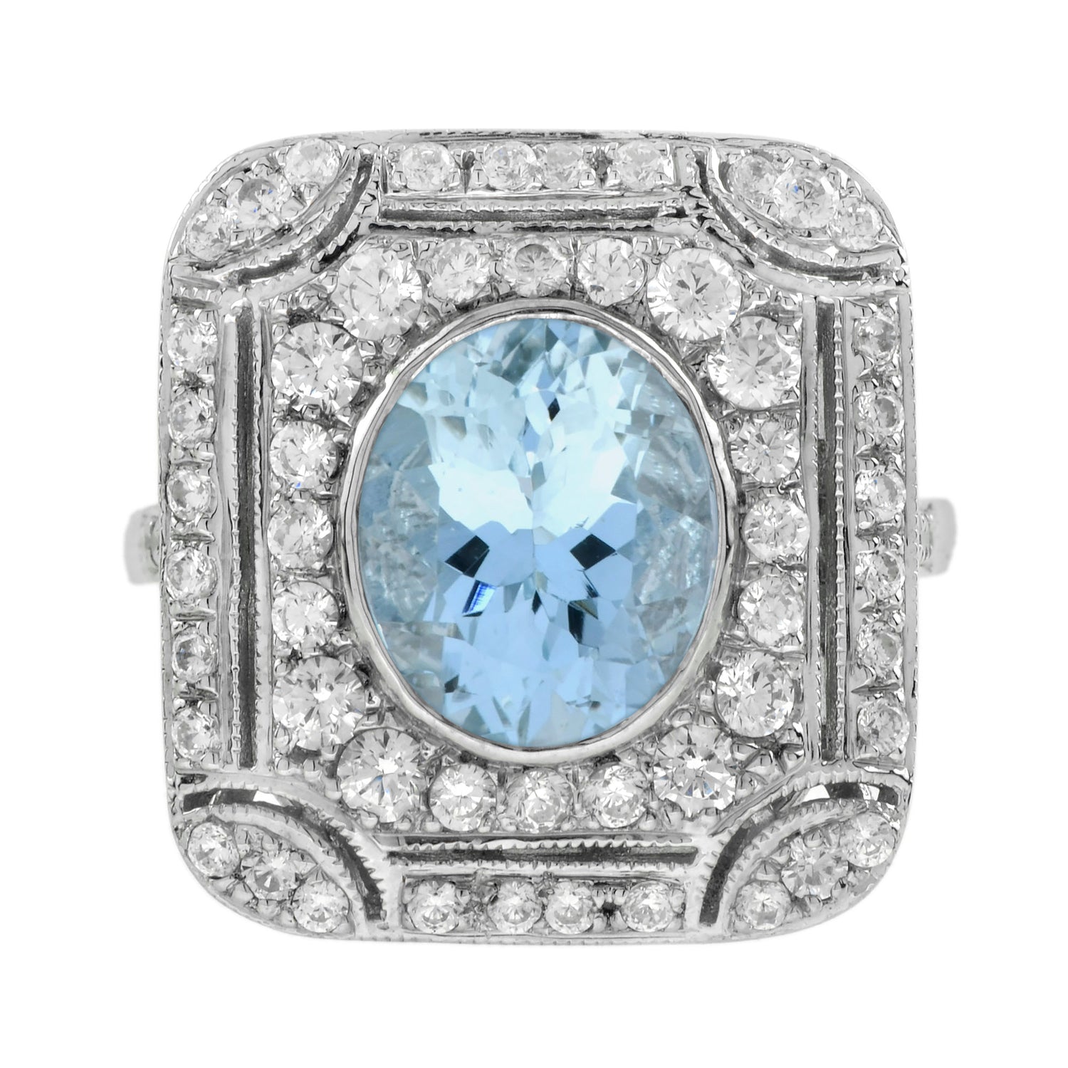 Blue Oval Shape Aquamarine &amp; Diamond Art Deco Style Cocktail 14K White Gold Ring