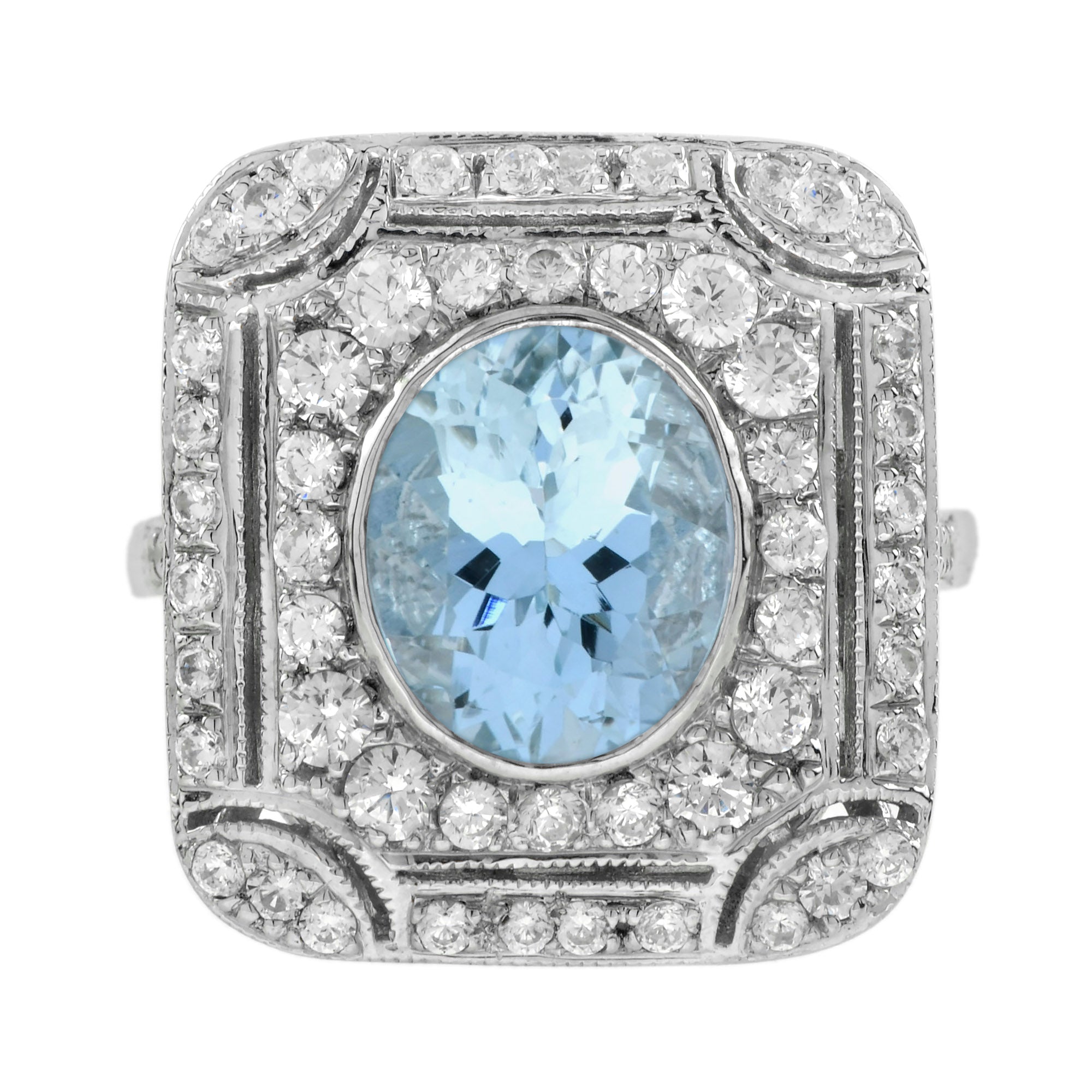 Blue Oval Shape Aquamarine &amp; Diamond Art Deco Style Cocktail 14K White Gold Ring