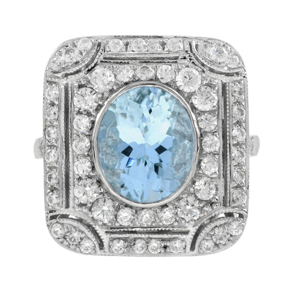 Blue Oval Shape Aquamarine &amp; Diamond Art Deco Style Cocktail 14K White Gold Ring