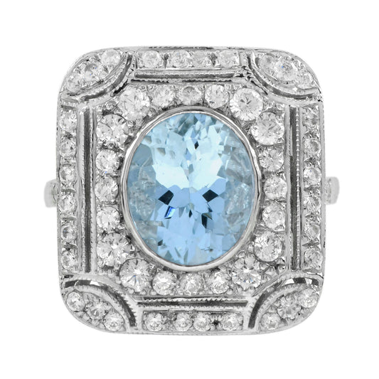 Blue Oval Shape Aquamarine & Diamond Art Deco Style Cocktail 14K White Gold Ring