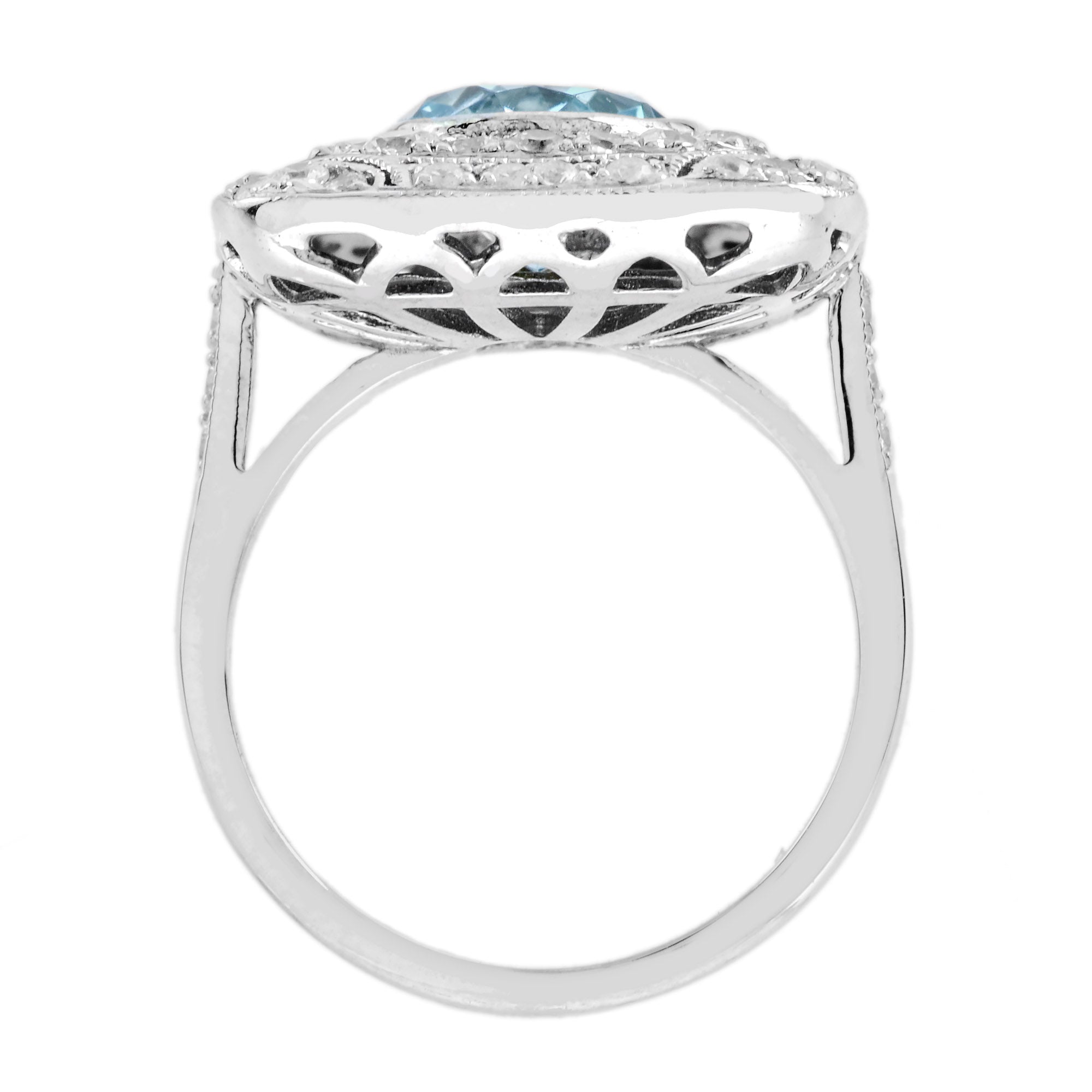 Blue Oval Shape Aquamarine &amp; Diamond Art Deco Style Cocktail 14K White Gold Ring