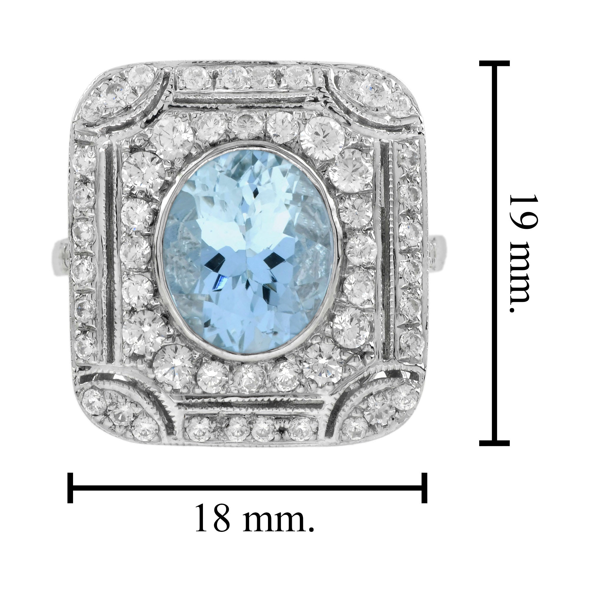 Blue Oval Shape Aquamarine &amp; Diamond Art Deco Style Cocktail 14K White Gold Ring