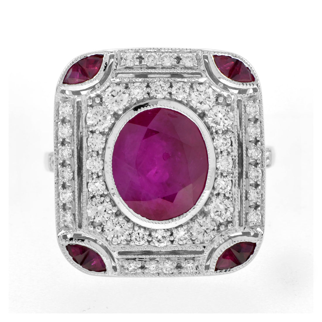 Burmese Oval Shape Ruby & Diamond Accent Art Deco Style 18K White Gold Ring