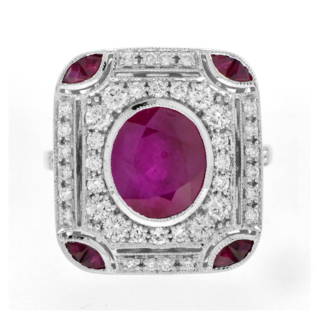 Burmese Oval Shape Ruby & Diamond Accent Art Deco Style 18K White Gold Ring