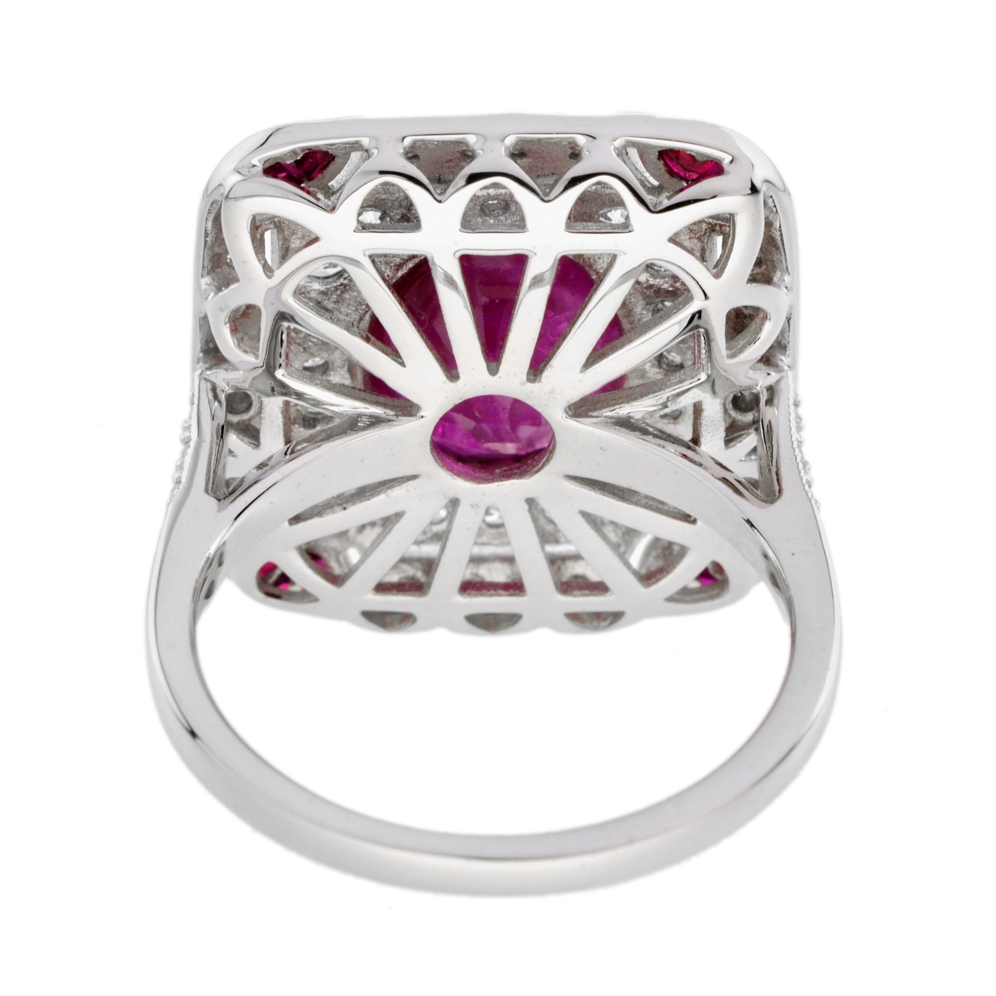 Burmese Oval Shape Ruby & Diamond Accent Art Deco Style 18K White Gold Ring
