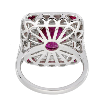 Burmese Oval Shape Ruby & Diamond Accent Art Deco Style 18K White Gold Ring