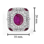 Burmese Oval Shape Ruby & Diamond Accent Art Deco Style 18K White Gold Ring