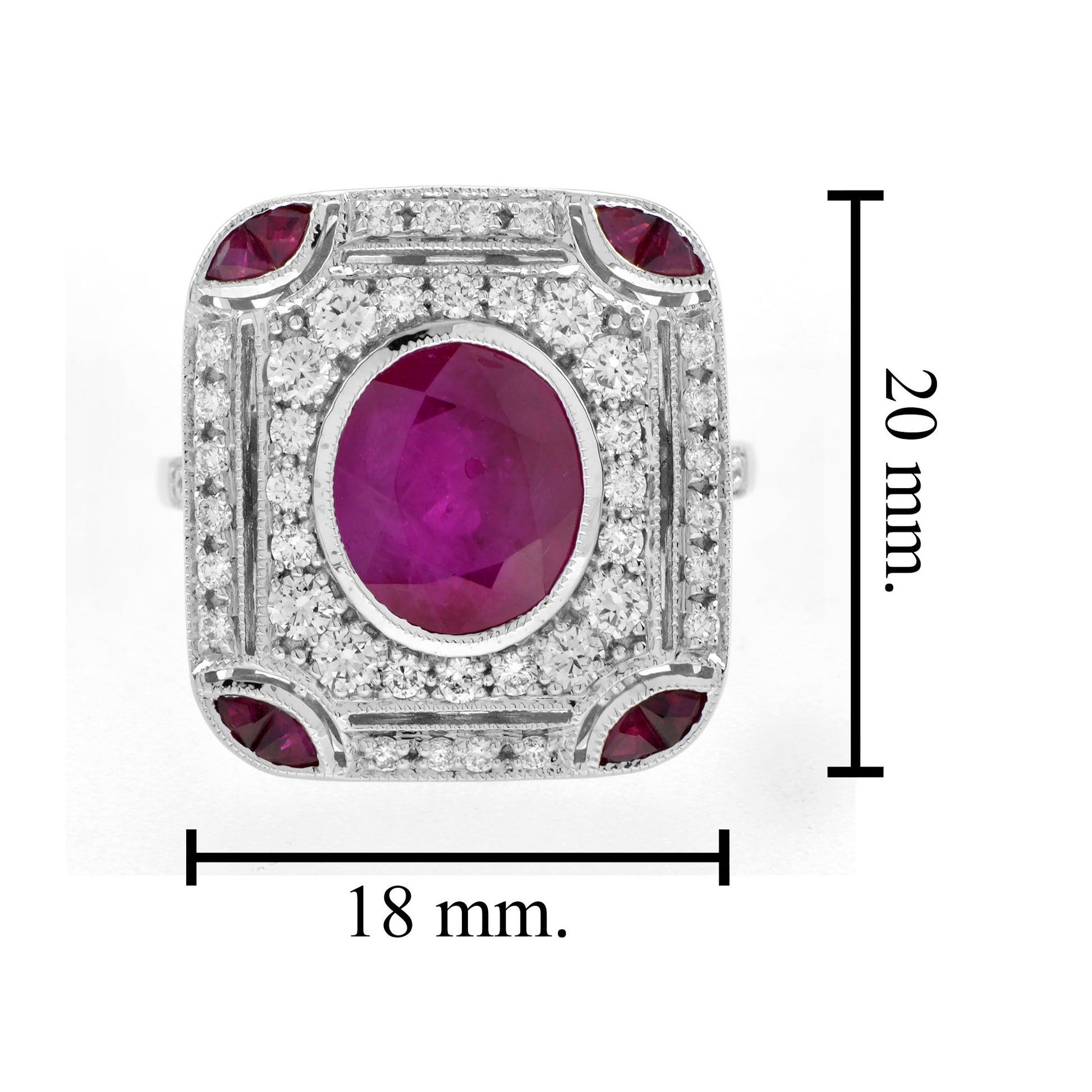 Burmese Oval Shape Ruby & Diamond Accent Art Deco Style 18K White Gold Ring