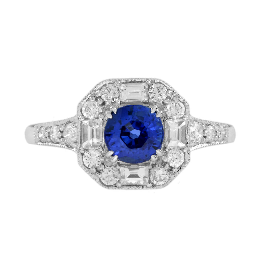 Ceylon Sapphire & Fancy Shape Diamond Antique Inspired Style 18K White Gold Ring