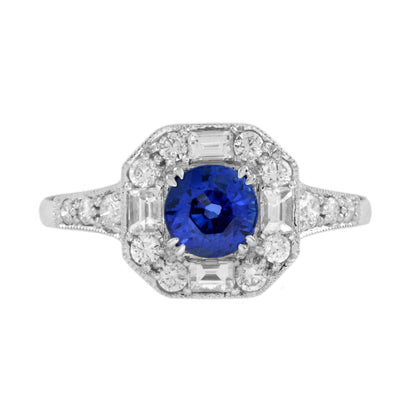 Ceylon Sapphire &amp; Fancy Shape Diamond Antique Inspired Style 18K White Gold Ring