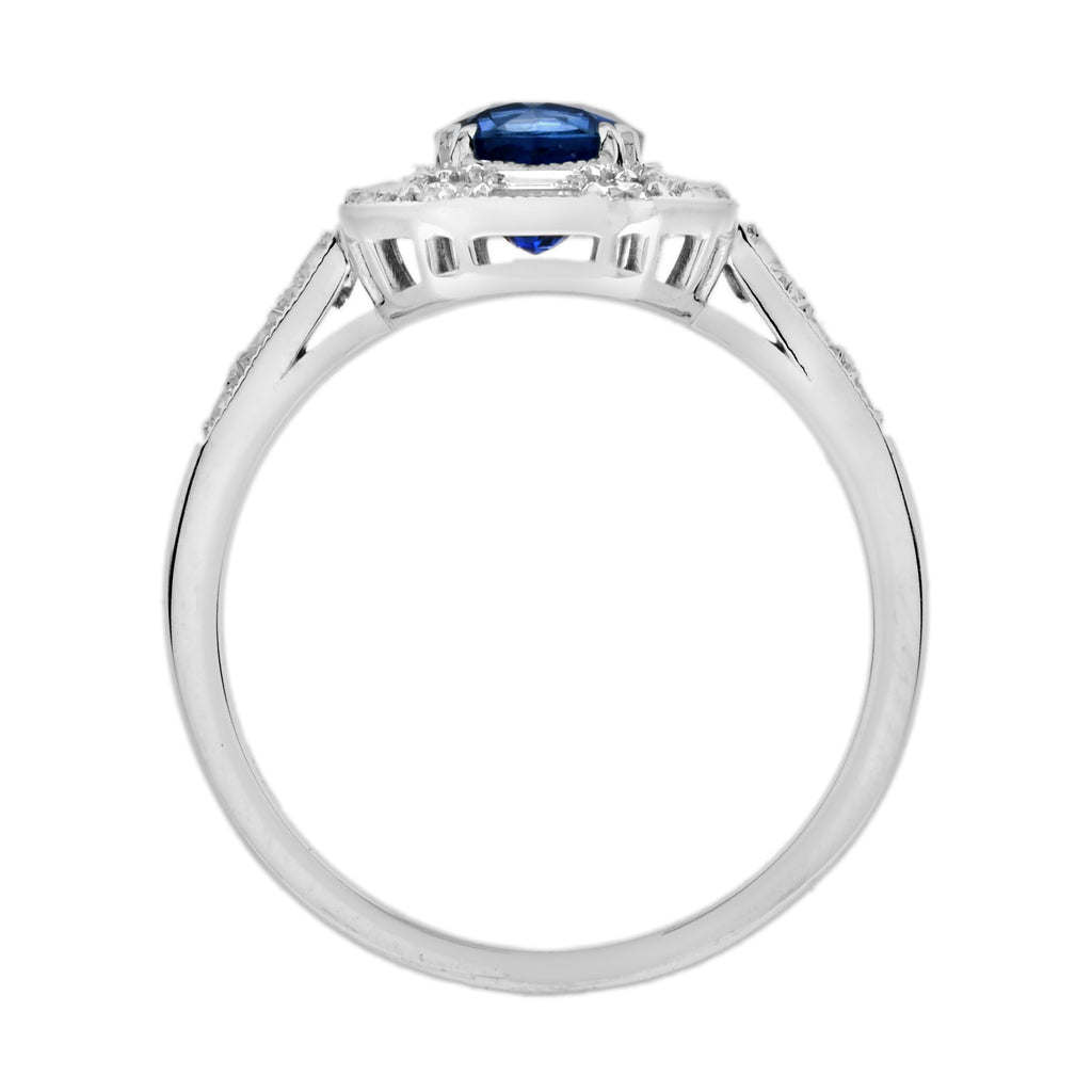 Ceylon Sapphire & Fancy Shape Diamond Antique Inspired Style 18K White Gold Ring