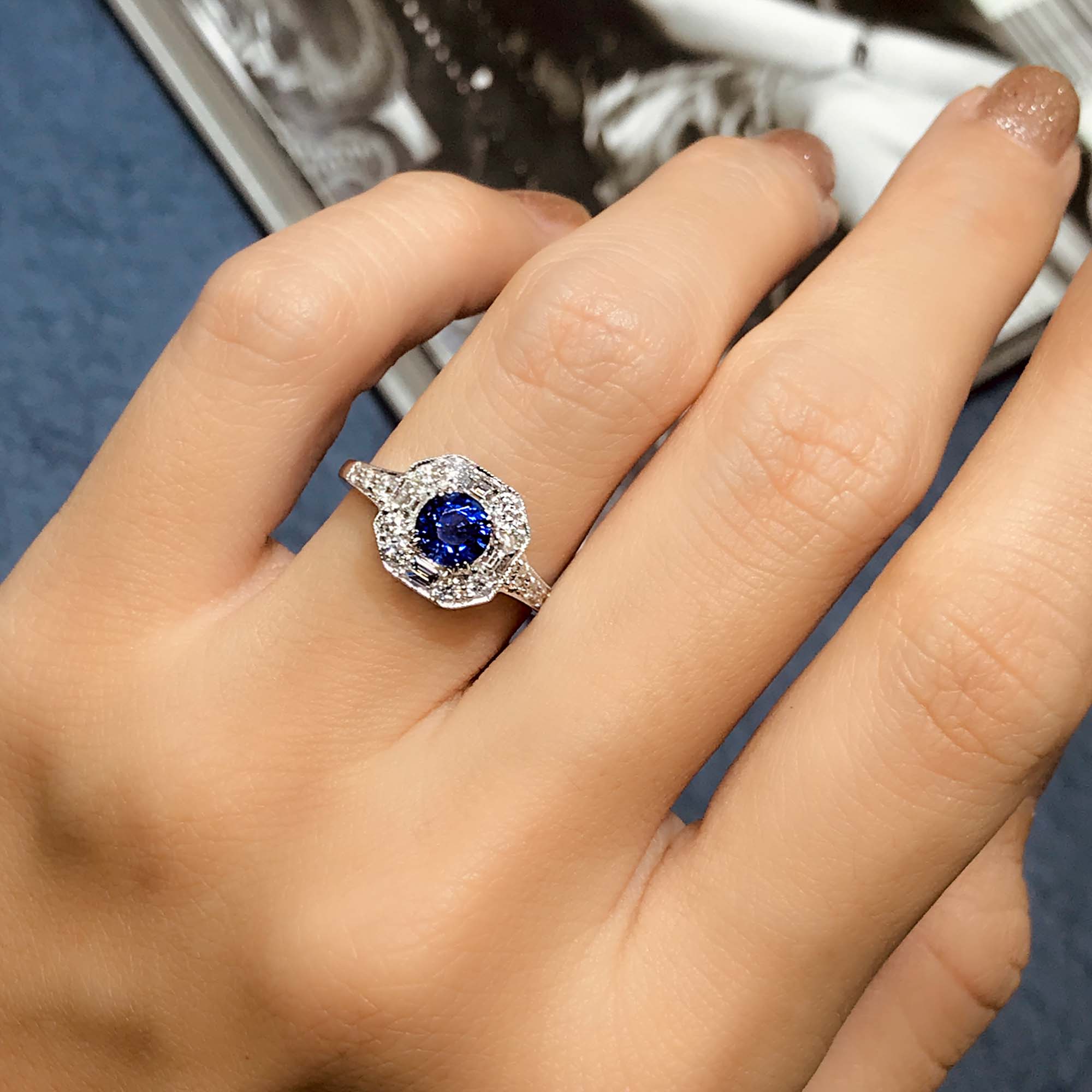 Ceylon Sapphire &amp; Fancy Shape Diamond Antique Inspired Style 18K White Gold Ring