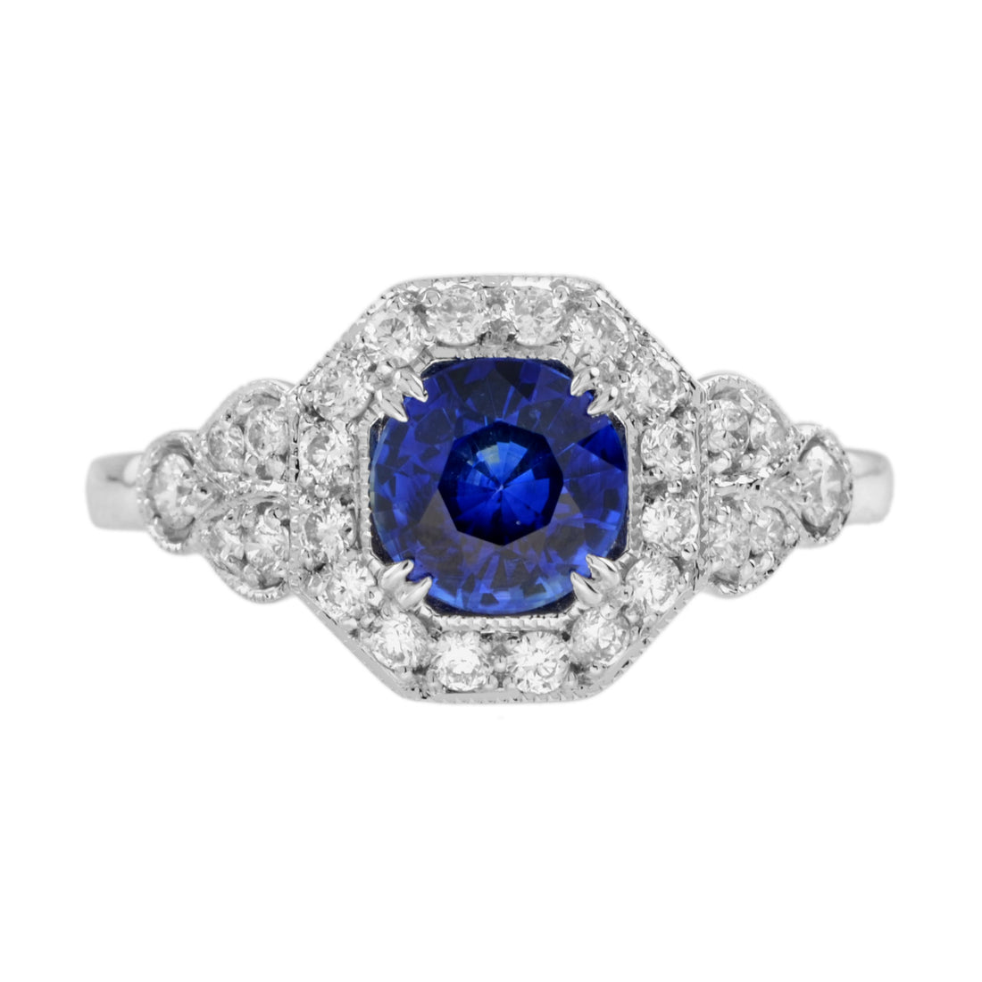Ceylon Sapphire & Fancy Shape Diamond Antique Inspired Style 18K White Gold Ring