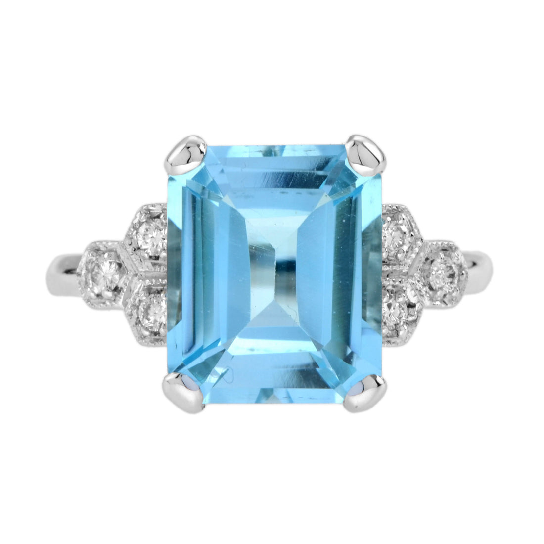 Emerald Cut Blue Topaz &amp; Diamond Solitaire 9K White Gold Ring