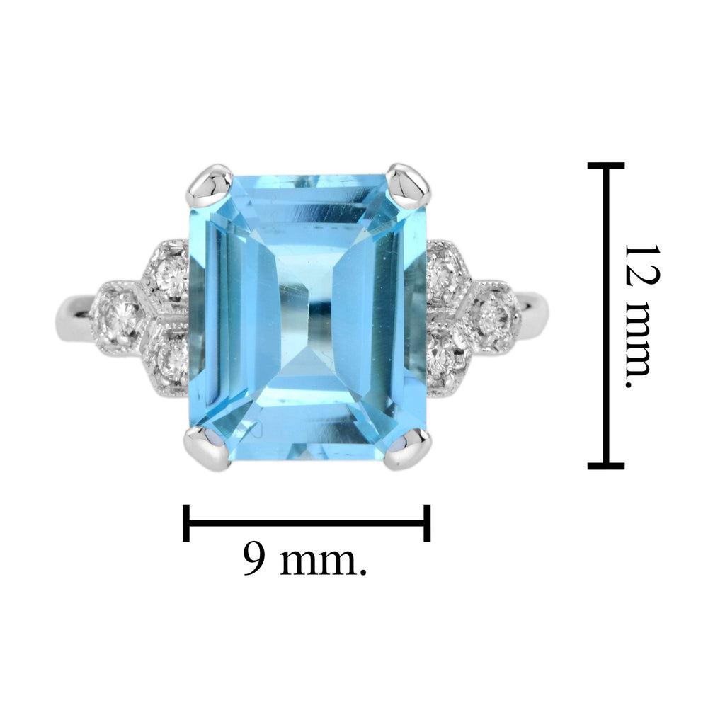 Emerald Cut Blue Topaz & Diamond Solitaire 9K White Gold Ring