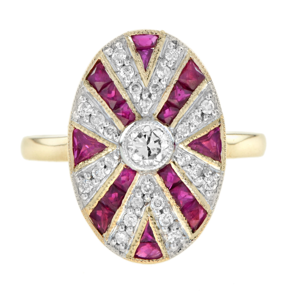 Diamond & Red Pink Ruby Oval Shaped Art Deco Style Mosaic Cocktail Gold Ring