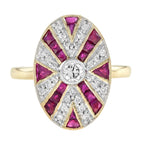 Diamond & Red Pink Ruby Oval Shaped Art Deco Style Mosaic Cocktail Gold Ring