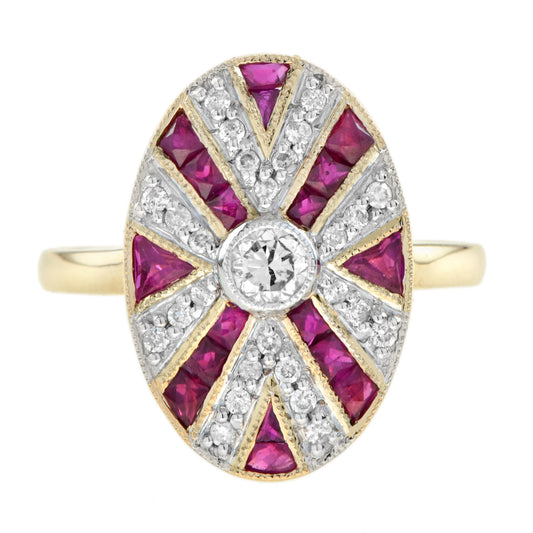 Diamond & Red Pink Ruby Oval Shaped Art Deco Style Mosaic Cocktail Gold Ring