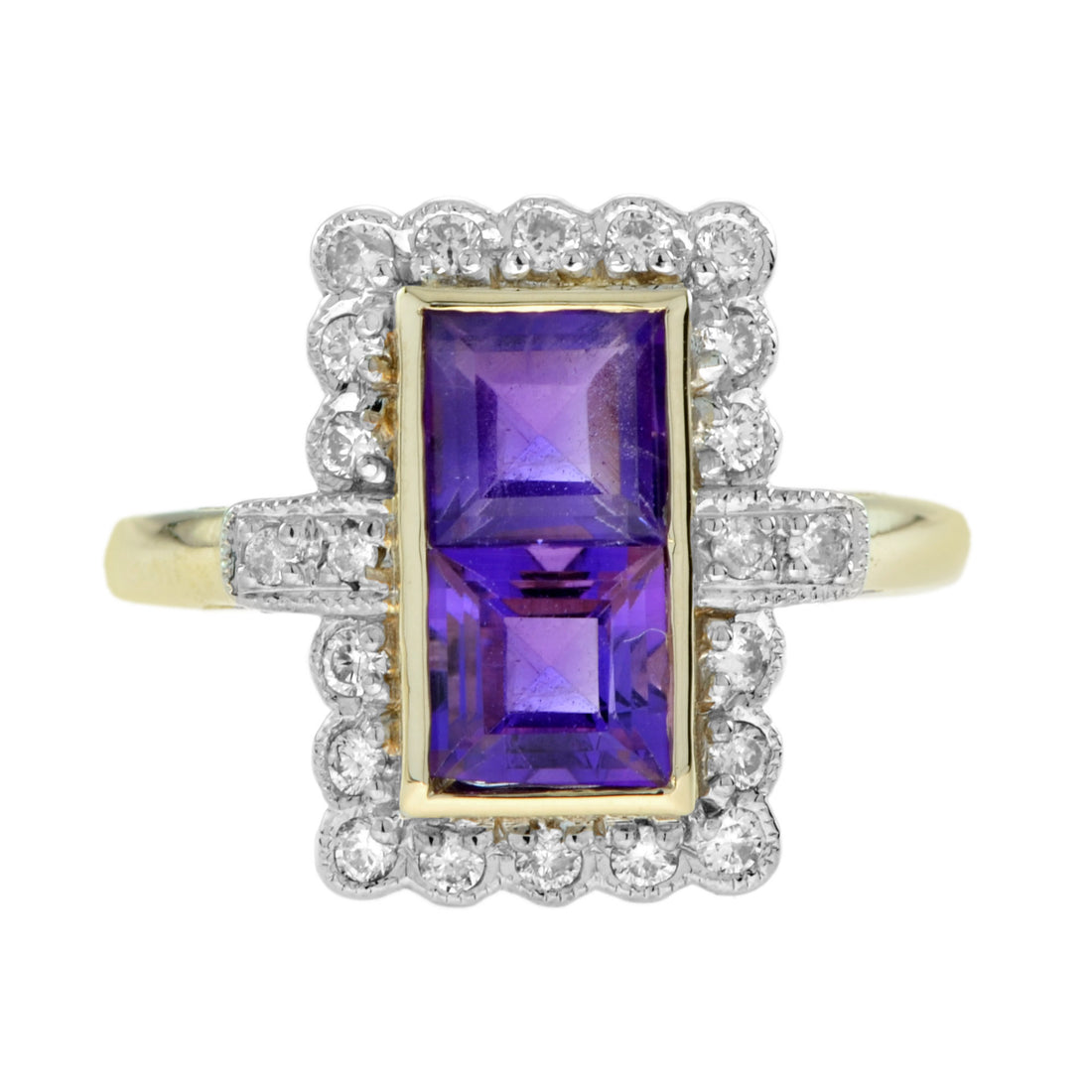 Vintage Style Double Amethyst &amp; Diamond Yellow Gold Halo Ring