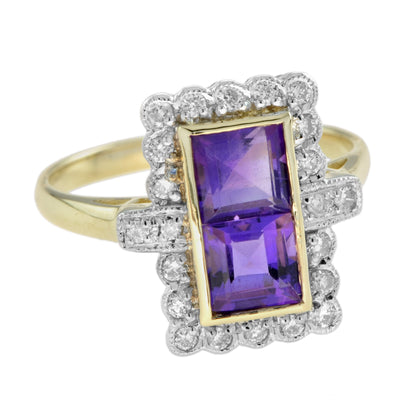 Vintage Style Double Amethyst & Diamond Yellow Gold Halo Ring