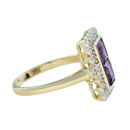 Vintage Style Double Amethyst & Diamond Yellow Gold Halo Ring