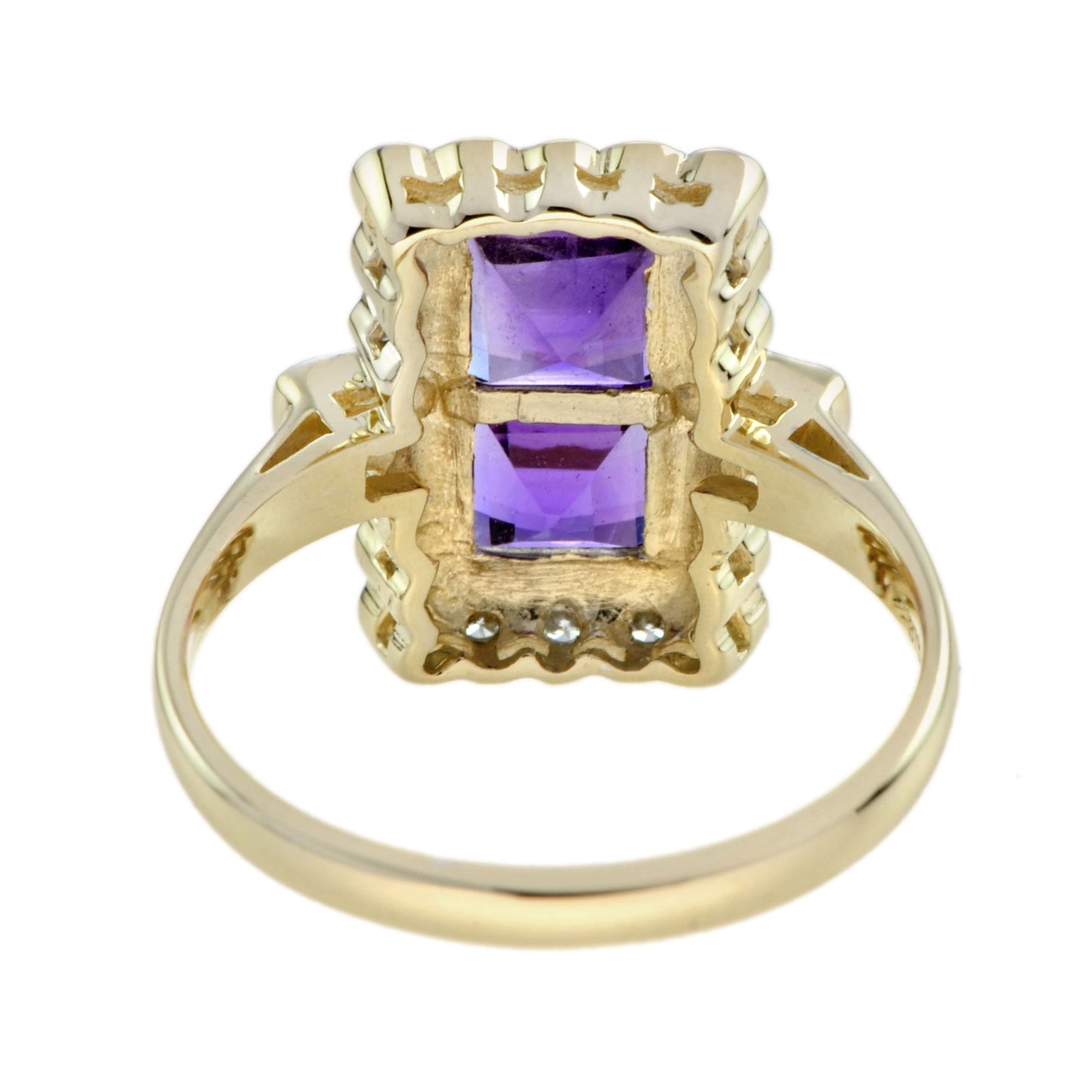 vintage style double amethyst & diamond yellow gold halo ring