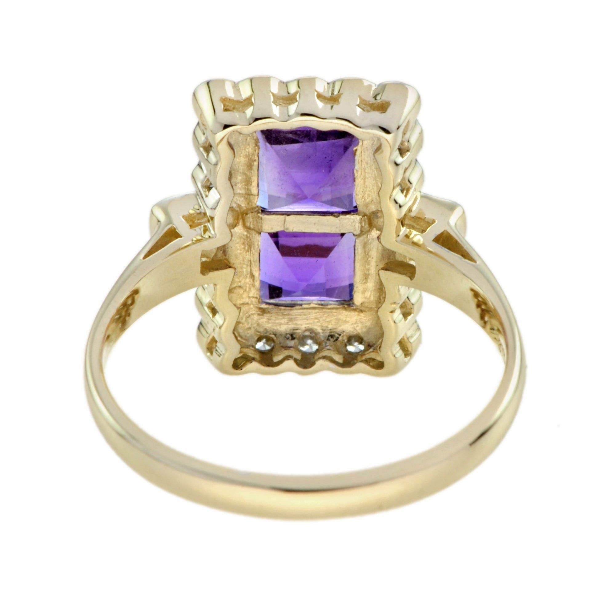 Vintage Style Double Amethyst & Diamond Yellow Gold Halo Ring