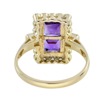 Vintage Style Double Amethyst & Diamond Yellow Gold Halo Ring