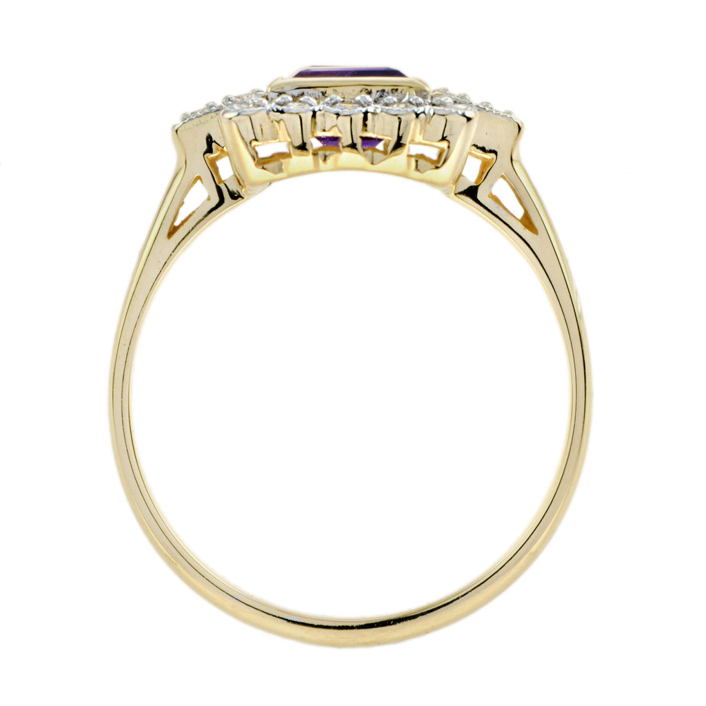 Vintage Style Double Amethyst & Diamond Yellow Gold Halo Ring