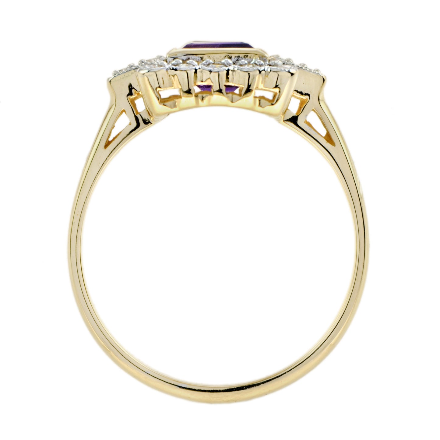 vintage style double amethyst & diamond yellow gold halo ring