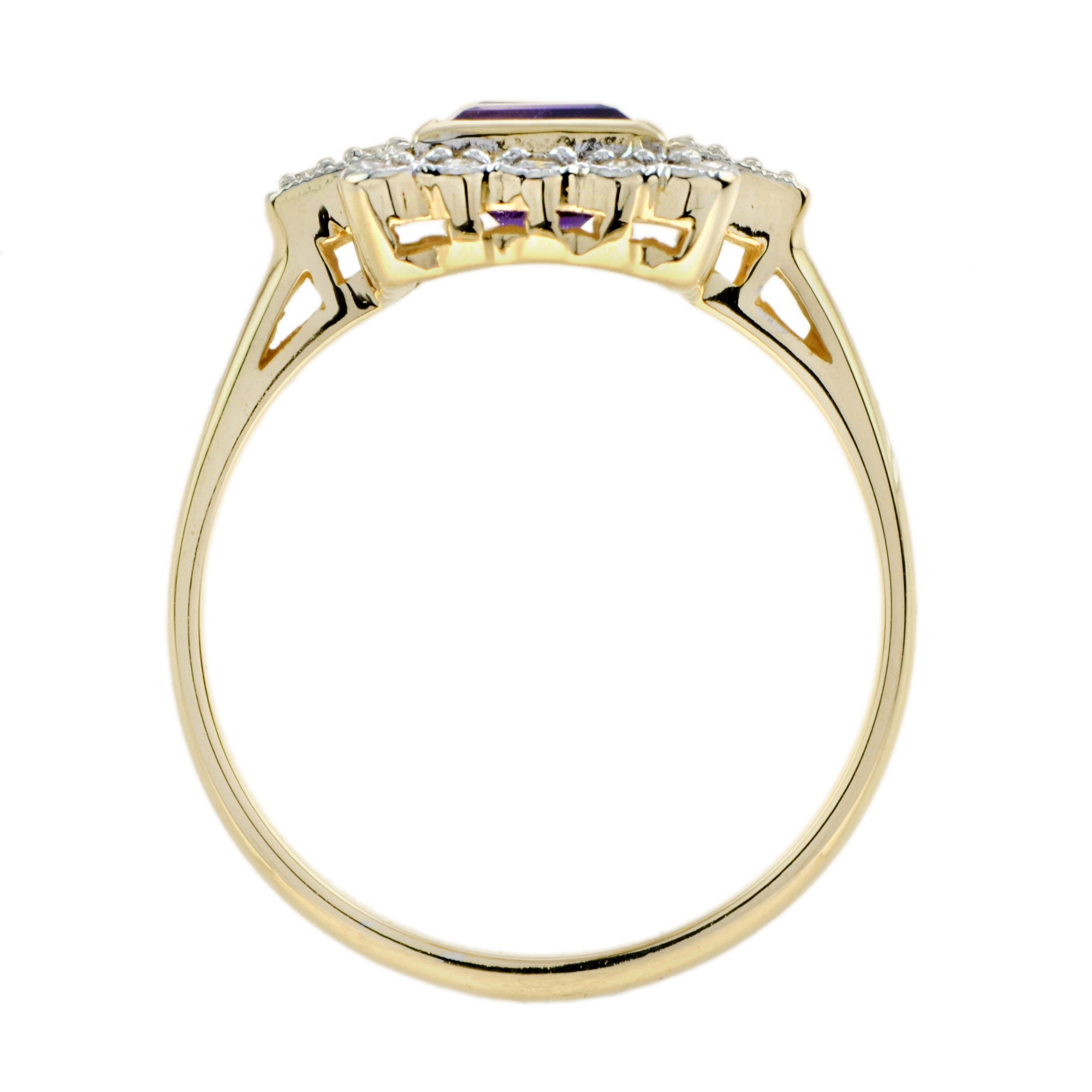 Vintage Style Double Amethyst &amp; Diamond Yellow Gold Halo Ring