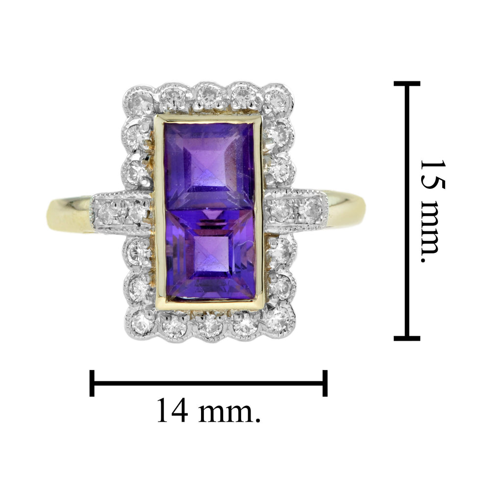 Vintage Style Double Amethyst & Diamond Yellow Gold Halo Ring