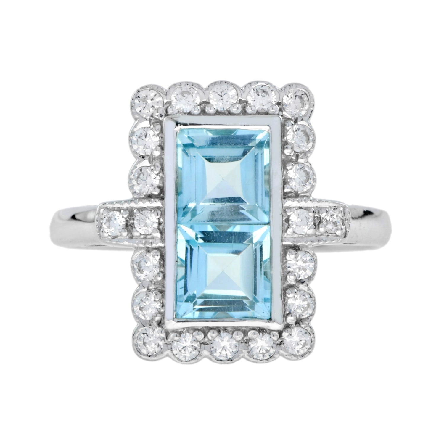 Vintage Style Double Princess Blue Topaz &amp; Diamond Halo 14K White Gold Ring