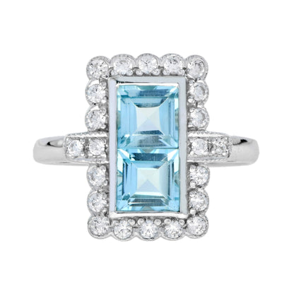 Vintage Style Double Princess Blue Topaz & Diamond Halo 14K White Gold Ring