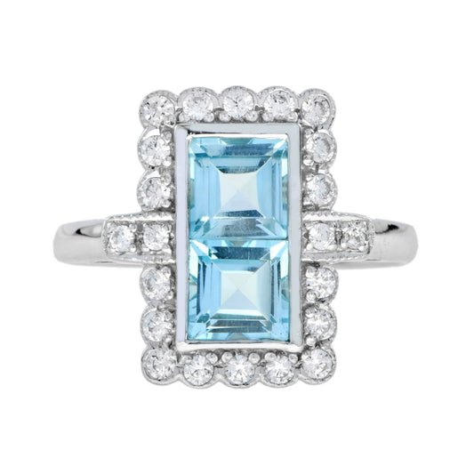 Vintage Style Double Princess Blue Topaz & Diamond Halo 14K White Gold Ring