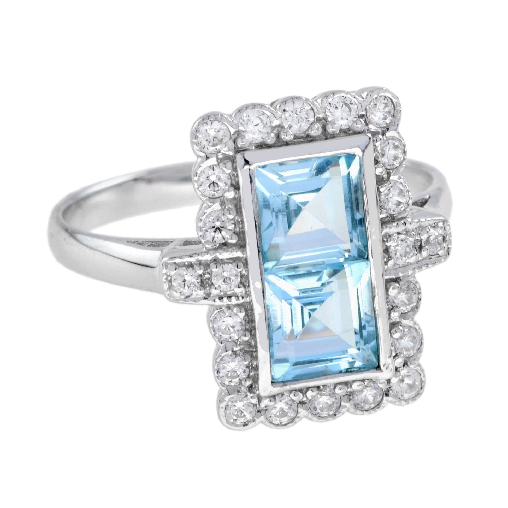 Vintage Style Double Princess Blue Topaz & Diamond Halo 14K White Gold Ring
