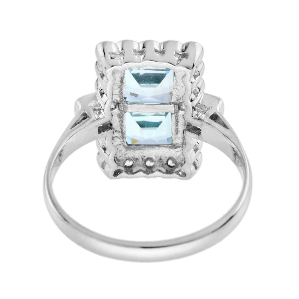 2.00 ctw Vintage Style Blue Topaz & Diamond Double Princess Halo 14K White Gold Ring