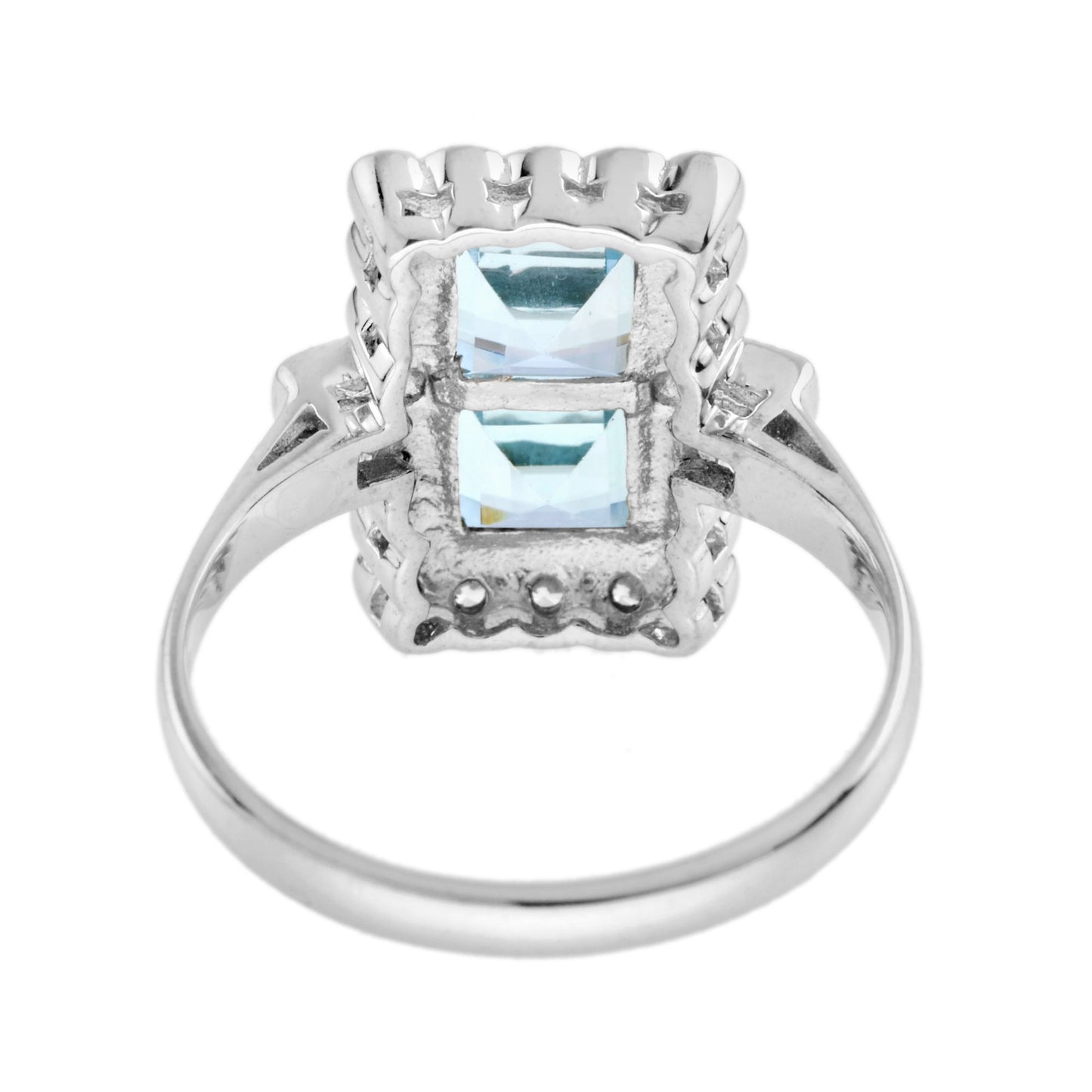 vintage style double princess blue topaz & diamond halo 14k white gold ring