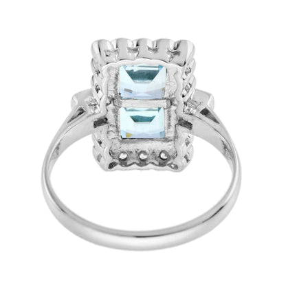 Vintage Style Double Princess Blue Topaz & Diamond Halo 14K White Gold Ring