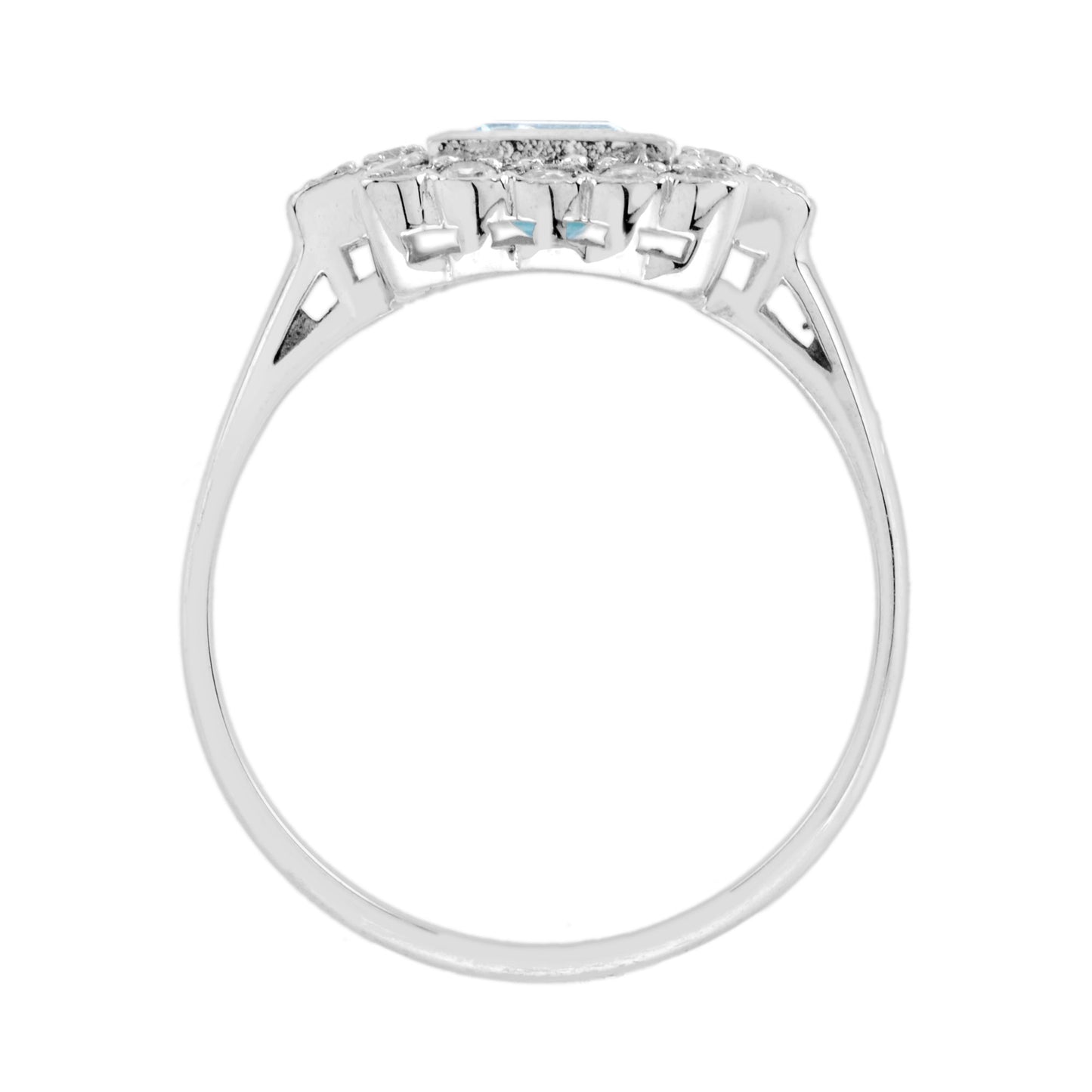 vintage style double princess blue topaz & diamond halo 14k white gold ring