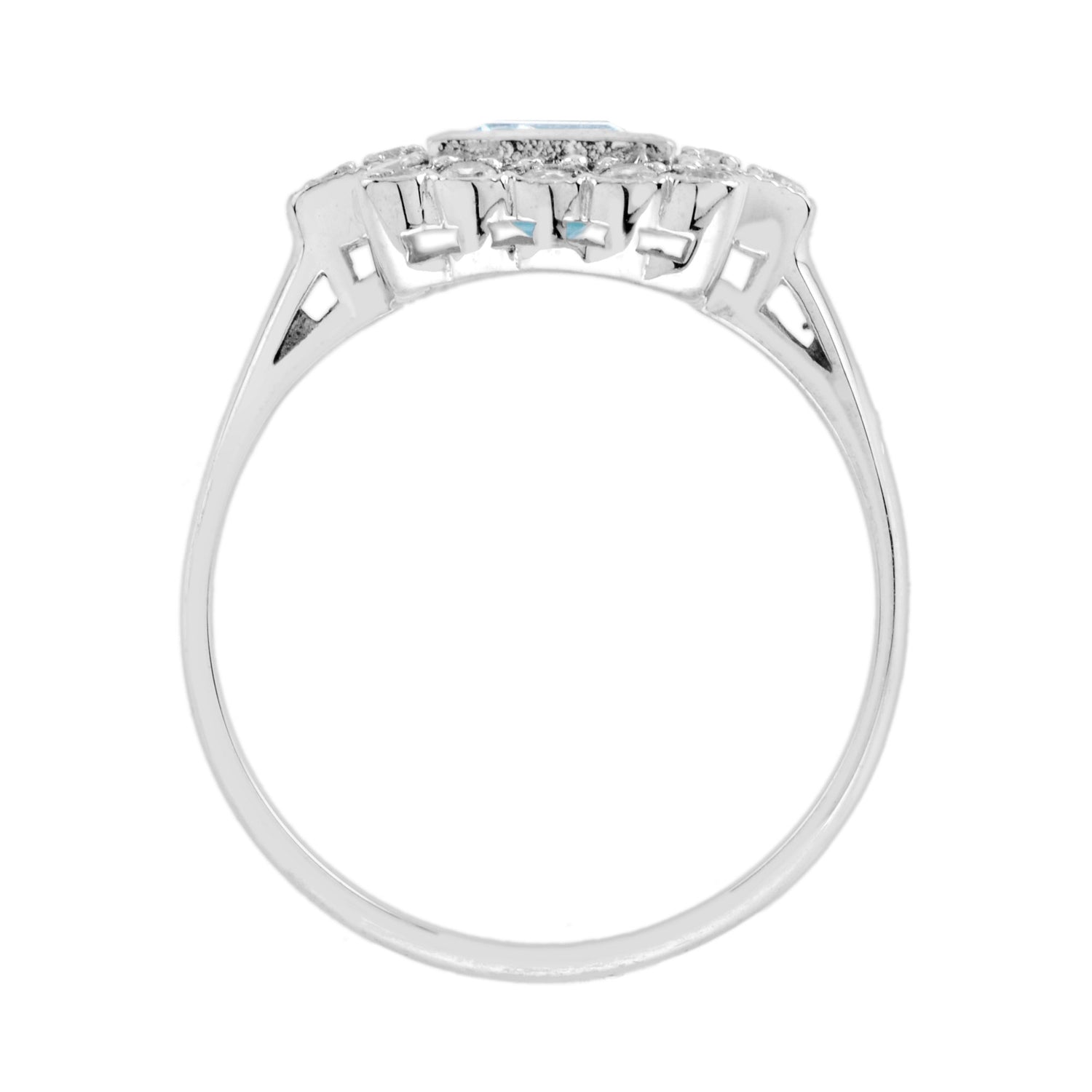 Vintage Style Double Princess Blue Topaz &amp; Diamond Halo 14K White Gold Ring