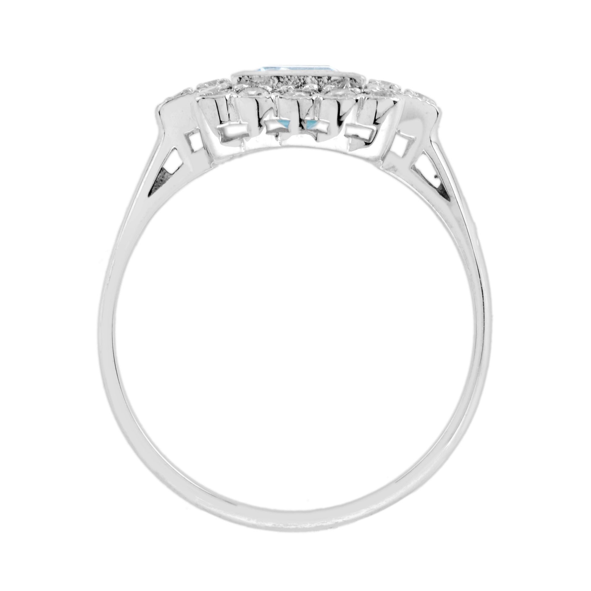 Vintage Style Double Princess Blue Topaz & Diamond Halo 14K White Gold Ring