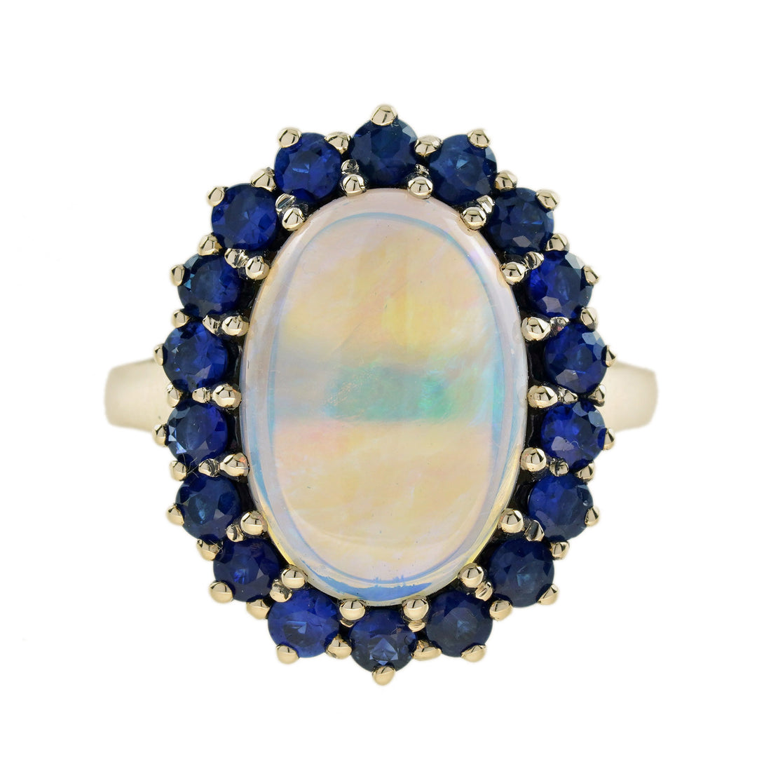 Oval White Opal with Blue Sapphire Vintage Style 9KT Yellow Gold Halo Set Ring