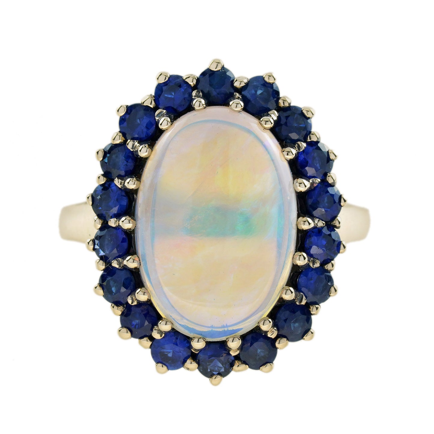 oval white opal with blue sapphire vintage style 9kt yellow gold halo set ring