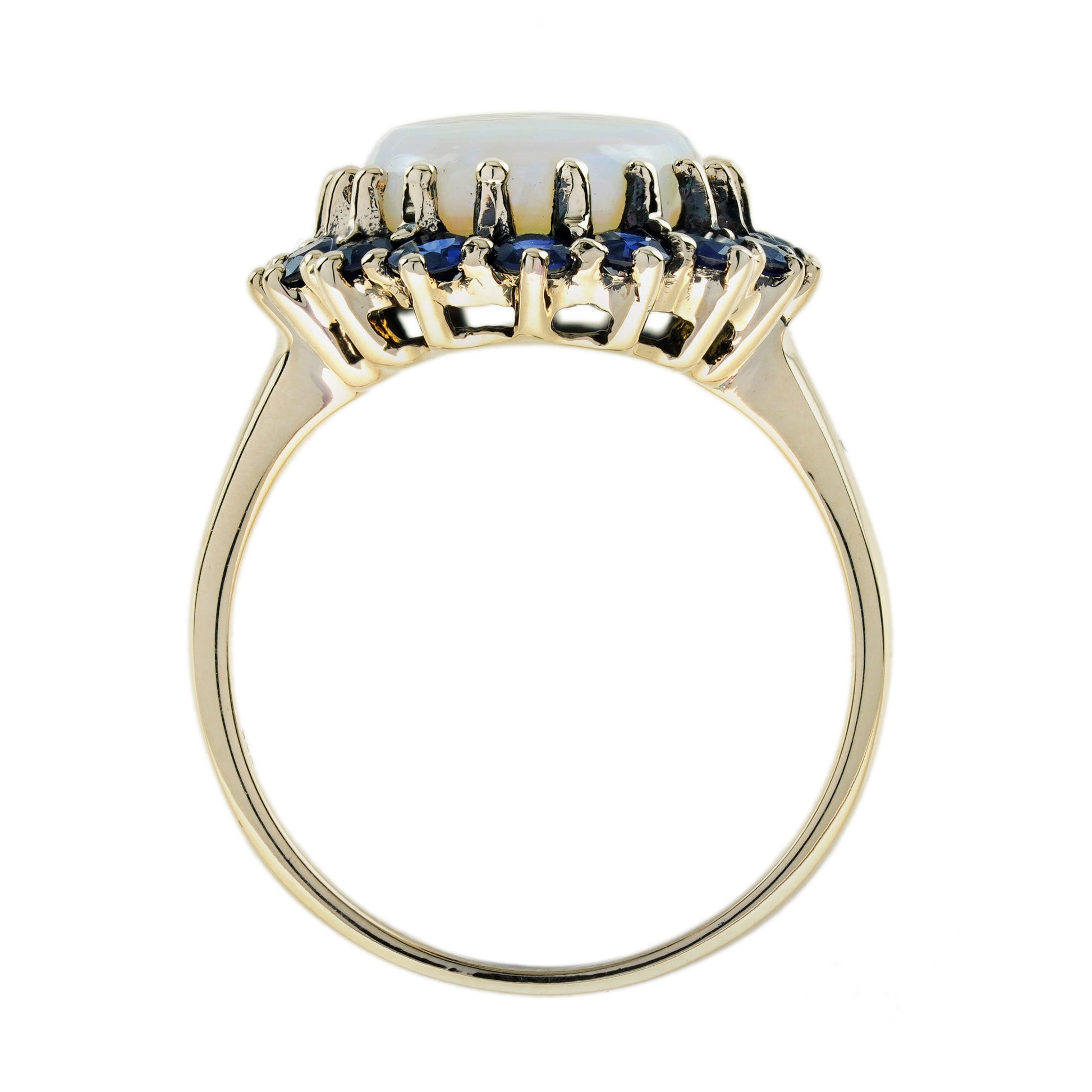Oval White Opal with Blue Sapphire Vintage Style 9KT Yellow Gold Halo Set Ring